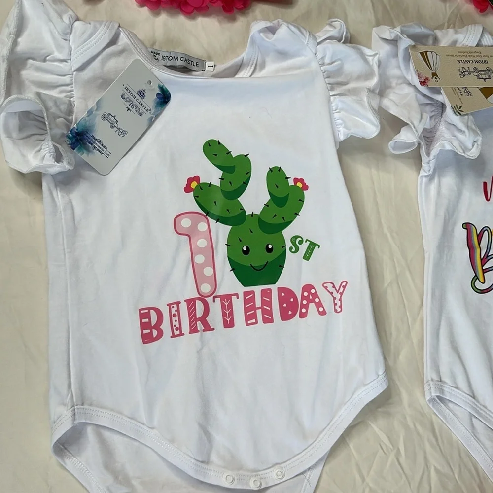 NEW WITH TAGS!! Bundle of baby girl my 1st birthday outfits. Two cactus onesies